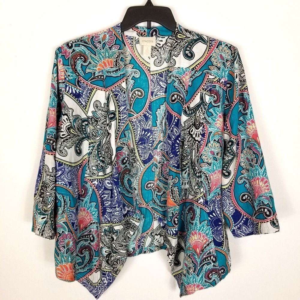 Chico's Women Linen Paisley Open Front Jacket Size‎ XL Multicolor Lightweight